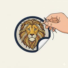 A close-up illustration of a hand using a needle and thread to sew a detailed embroidered lion patch onto fabric.