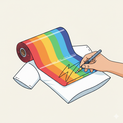 A hand applying a colorful rainbow-patterned vinyl sheet onto a white t-shirt with a squeegee tool.