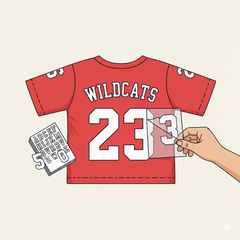 A graphic showing a red sports jersey with the name "WILDCATS" and the number "23" being applied with a heat transfer, with a hand peeling off the transfer film.