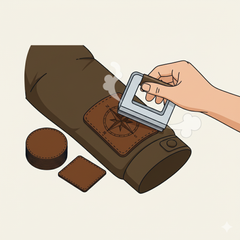 An illustration of a hand using a heat press to apply a brown faux leather patch with a compass design onto a jacket sleeve. Other blank patches are shown nearby.