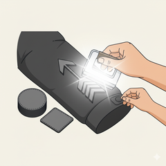 A roll of silver reflective film, with a portion unfurled onto a gray fabric. The film has a vibrant, rainbow-like pattern.