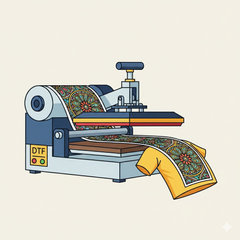 A graphic illustration of a heat press machine applying a decorative transfer from a roll of film onto a t-shirt.