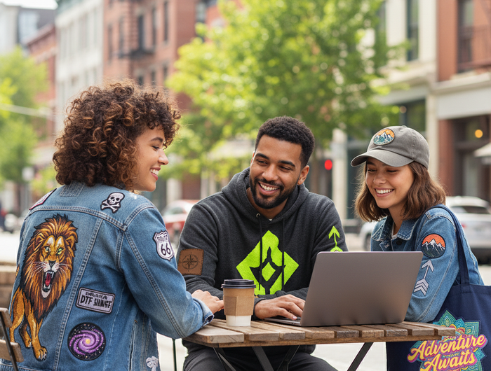 A group of young people, smiling and talking, wearing different types of custom apparel including a jacket with an embroidered patch, a hoodie with a vinyl transfer, and a t-shirt with a DTF transfer.